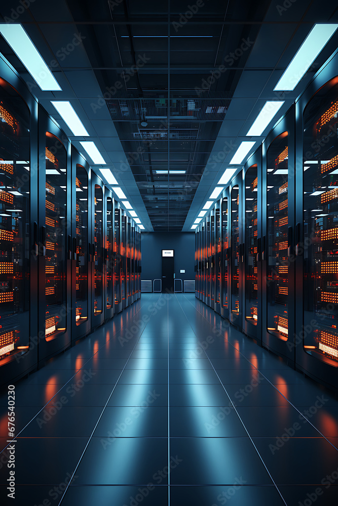 Vista interior de una data centre o CPD. Pasillos con racks de ...