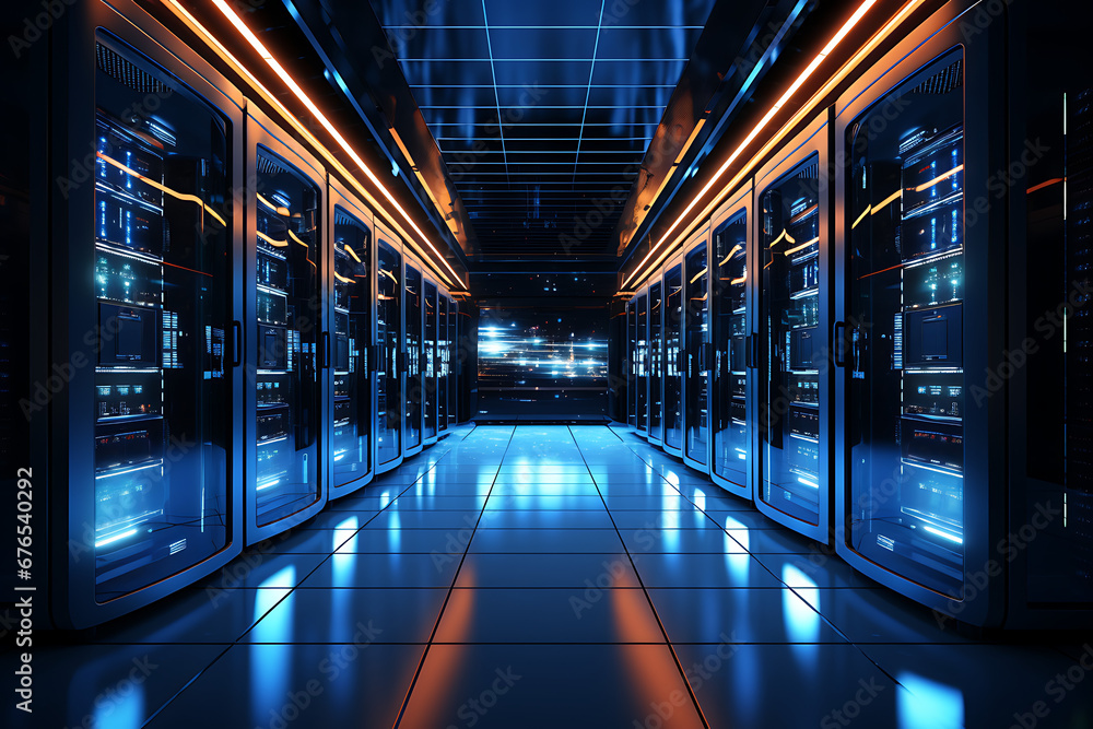 Vista interior de una data centre o CPD. Pasillos con racks de ...