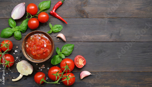 ingredients for making tomato salsa on dark wooden background traditional mexican sauce tomato basil spices chili pepper onion garlic vegan diet food concept top view with copy space photo