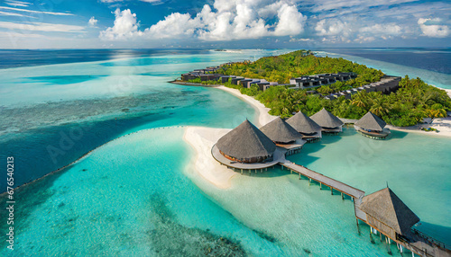 perfect aerial landscape luxury tropical resort or hotel with water villas and beautiful beach scenery amazing bird eyes view in maldives landscape seascape aerial view over a maldives © Raymond