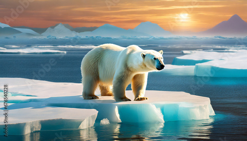 polar bear on ice floe in arctic sea wildlife nature melting iceberg and global warming climate change concept