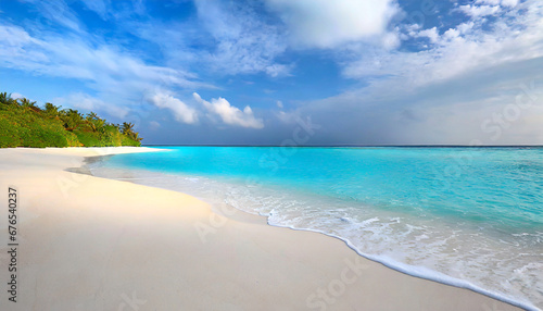 beautiful sandy beach with white sand and rolling calm wave of turquoise ocean on sunny day on background white clouds in blue sky island in maldives colorful perfect panoramic natural landscape