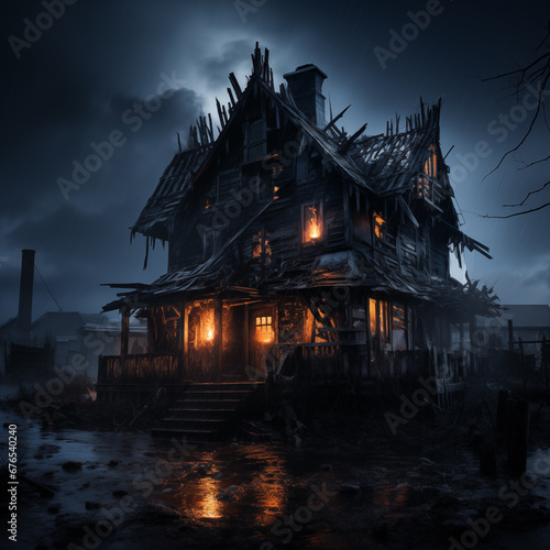 AI-generated haunted house in ghost town. Photo during night and full moon. Spooky halloween mood.  © iconimage