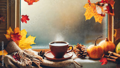 autumn frame border cup of hot autumn coffee or tea on the window living in hygge style hot drink in cold autumn weather