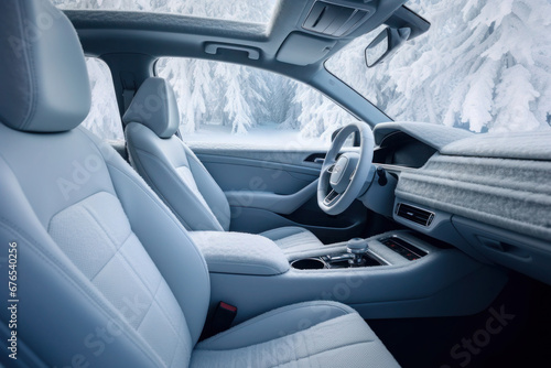 Frozen car interior. Snow and ice inside vehicle. Driving in winter season.
