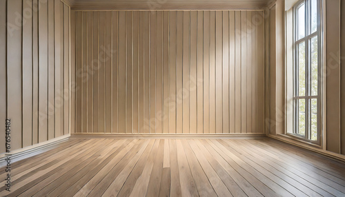 light brown empty wall with decorative paneling and wood flooring with interesting light reflections background for the presentation © Raymond