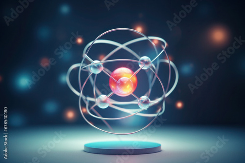 Model of molecule with electrons in orbits. Structure of atom. Concept of science and nanomolecular technologies