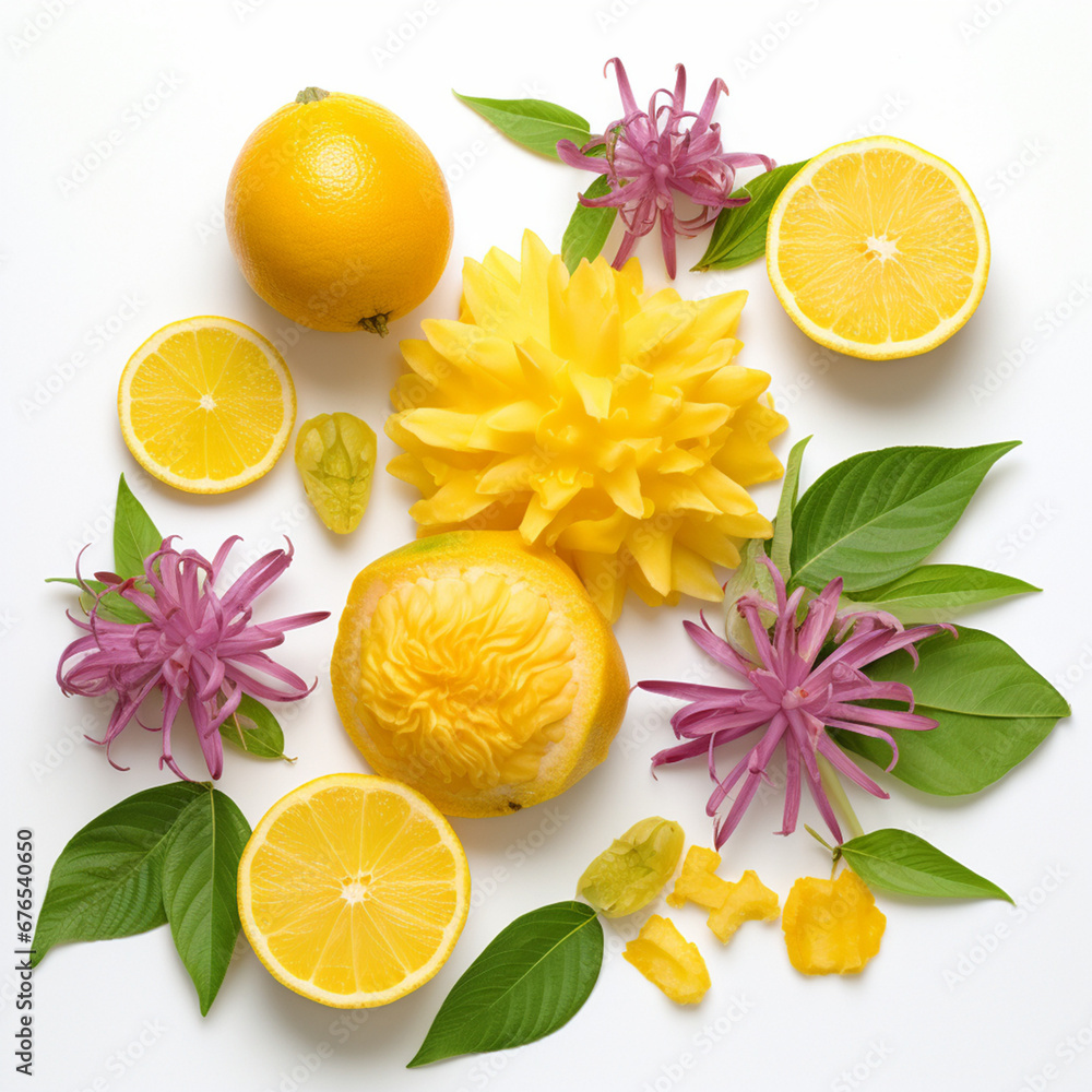 mango and bergamot cut up flat on white background stock flower and nature motifs created with Generative Ai mango and bergamot cut up flat on white background stock flower and nature motifs created with Generative Ai