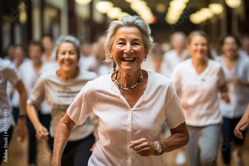 donna anziana in primo piano che fa sport o balla, sullo sfondo altre persone del suo corso sfocate photo