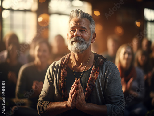 uomo anziano che prega in palestra di yoga, sfondo sfocato con altre persone , concetto di salute e benessere photo