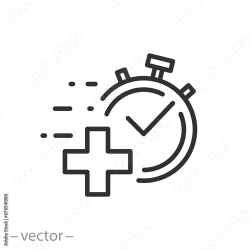 fast healing effect icon, quick treatment, stopwatch with cross, first aid, thin line symbol on white background - editable stroke vector illustration photo