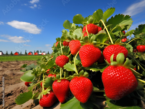 Close up of fresh ripe strawberries growing on a field