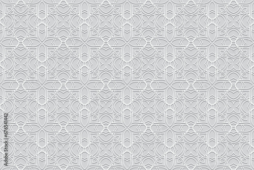 Embossed white background, cover design. Lace style, handmade. Geometric ethnic floral 3D pattern. Arabesques of the East, Asia, India, Mexico, Aztec, Peru.
