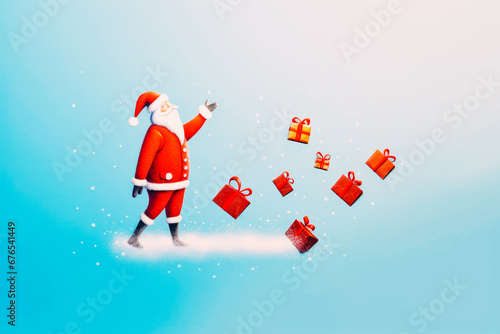 New Year and Christmas concept. Santa Claus gives gifts. Little gifts fly. Sky blue fluffy background. A winter idea. Snow tracks and star snowflakes fly. A scene from a cartoon. photo