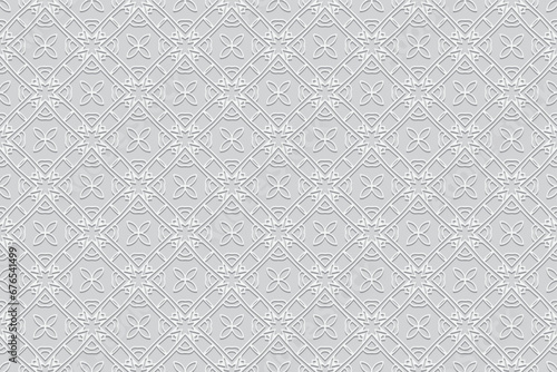 Embossed white background, cover design. Lace style, handmade. Geometric ethnic elegant 3D pattern. Arabesques of the East, Asia, India, Mexico, Aztec, Peru.