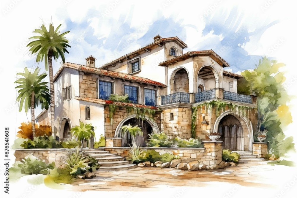 Hand-drawn architectural sketch of a Mediterranean villa with tiled roofs and arches on a white background. Generative AI