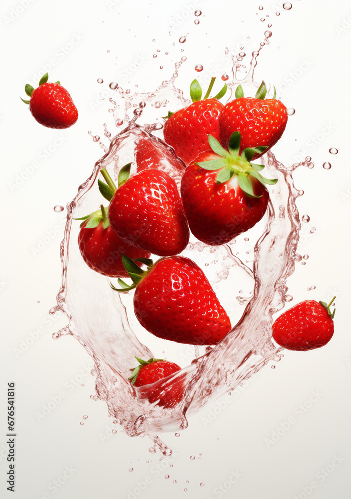 scattered strawberry, white background drop water created with Generative Ai scattered strawberry, white background drop water created with Generative Ai