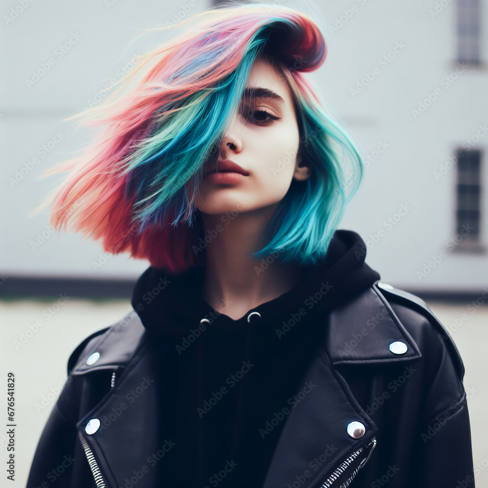 A portrait of a young woman with multicolored hair and a model-like ...