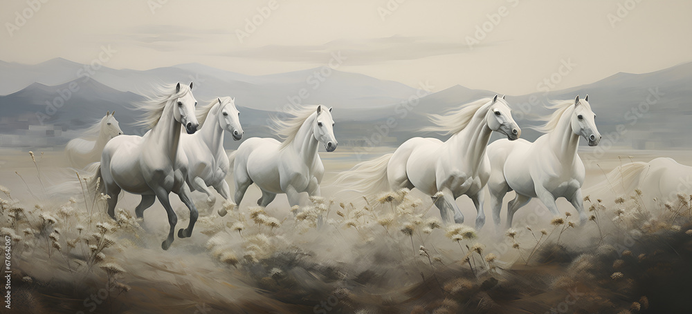 A group of horses is running on the beach White horses group running ...