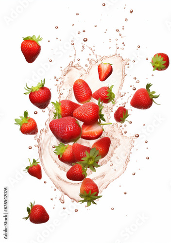 scattered strawberry, white background drop water created with Generative Ai