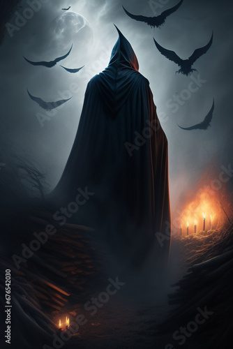 portrait of a dementor in a graveyard, dark and scary night, realistic, detailed, horror, spooky, terror