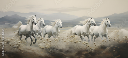 A group of horses is running on the beach White horses group running across Seaside Symphony White Horses in a Majestic Group Run.AI Generative photo