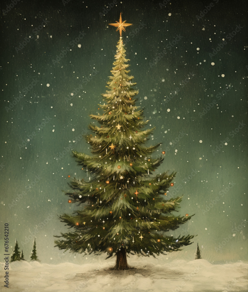 Christmas tree with lights, vintage style illustration