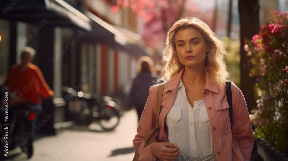 Fototapeta premium Beautiful elegant young model walking and strolling outdoors in sunny spring day.