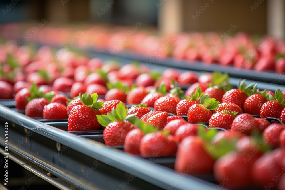 strawberries on conveyor belt at warehouse in background of modern factory.  Logistics concept of production and industry. - obrazy, fototapety, plakaty 