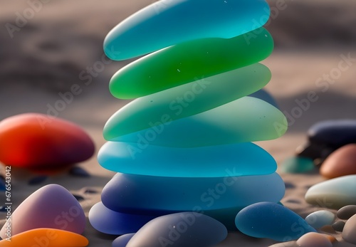 Beach treasures: Different colored sea glass pieces artfully placed on the sandy shore, near the water, enhancing the coastal charm