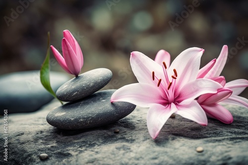 Pink lily with stones and natural background  wellness concept. Generative AI