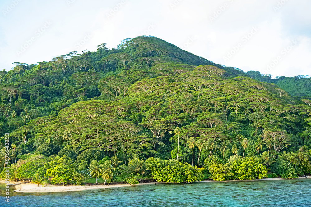 The lushly forested hills of the Polynesian island of Tahaa slope gently down to the Pacific Ocean.