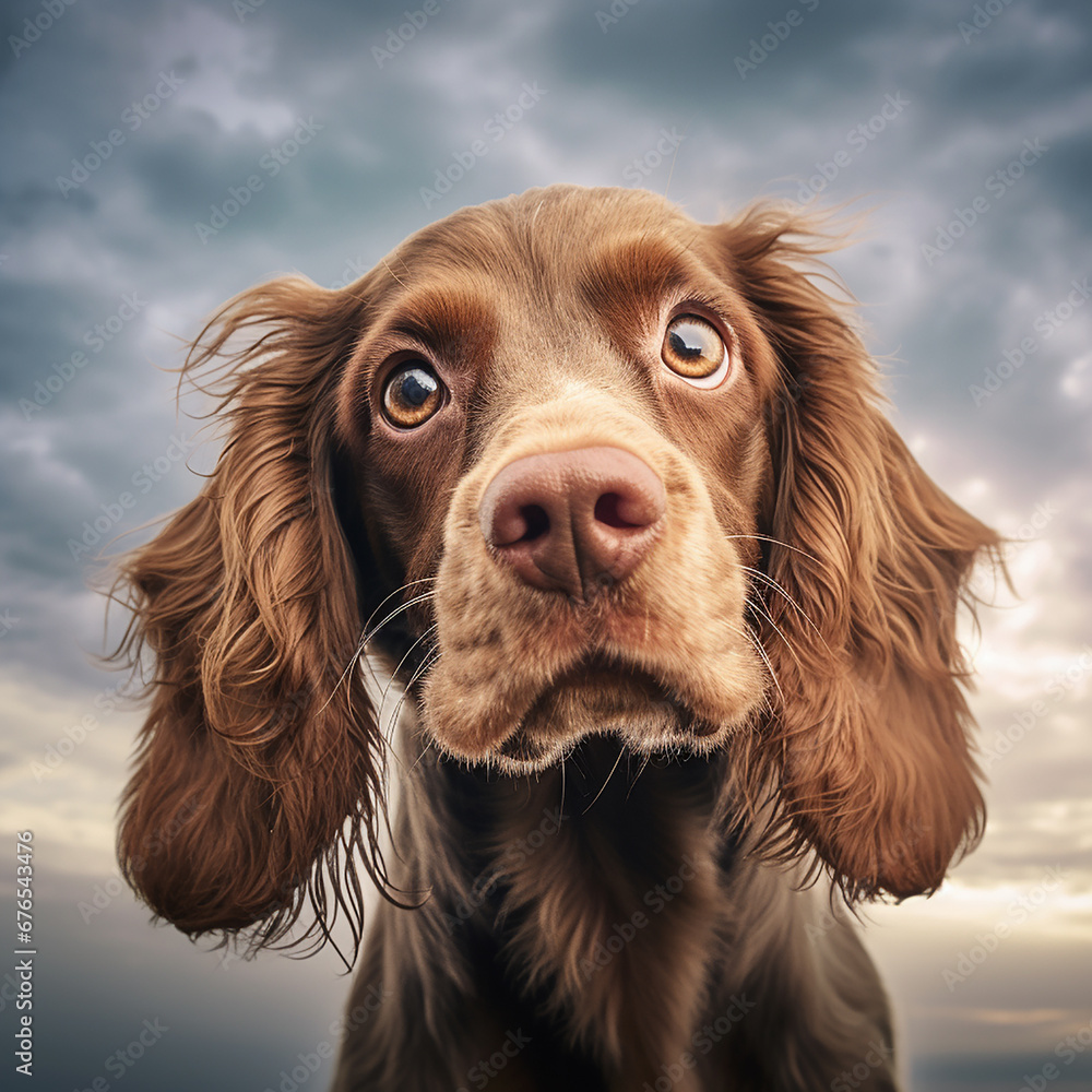 ai generated illustration of Cocker spaniel dog closeup portrait on cloudy sky