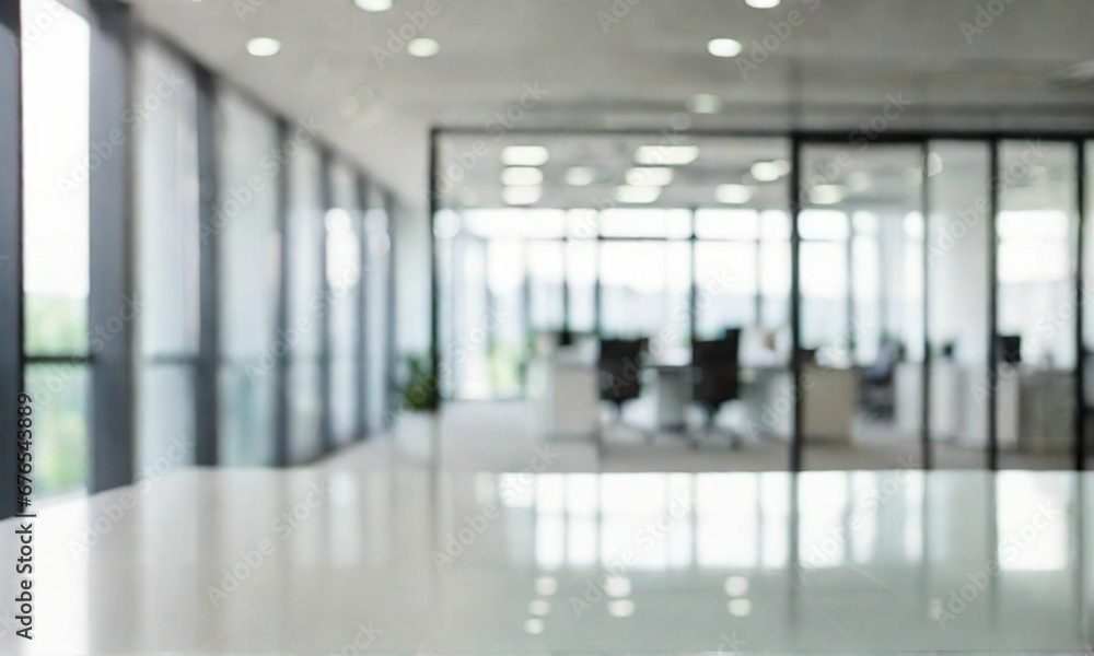 Blurred Office Interior: A modernly designed workspace during working hours, showcasing the indoor building through a glass window. Panoramic view