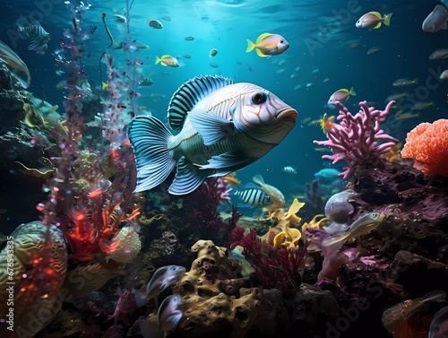 Tropical sea underwater fishes on coral reef. Aquarium oceanarium wildlife colorful marine panorama landscape nature snorkel diving