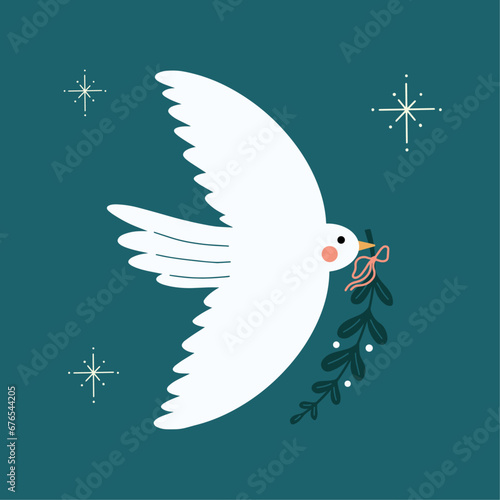 International world day of peace concept design, vector cartoon illustration with the symbol of peace white dove bird, mistletoe, plant, branch, non violence, no war, human solidarity social media 