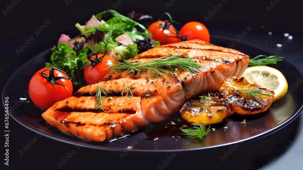 Grilled salmon fillet with vegetables on a black plate closeup Grilled salmon fillet with vegetables on a black plate closeup