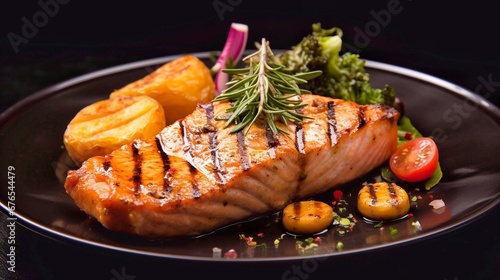 Grilled salmon with potatoes and vegetables on black plate, closeup