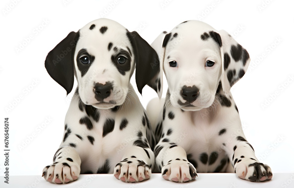 Two Dalmatian puppies on white background for pet vet care card design