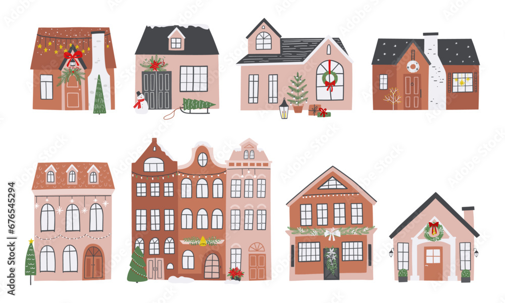 Hand drawn Christmas houses vector illustration set. Buildings with Christmas decorations. Winter holiday clipart