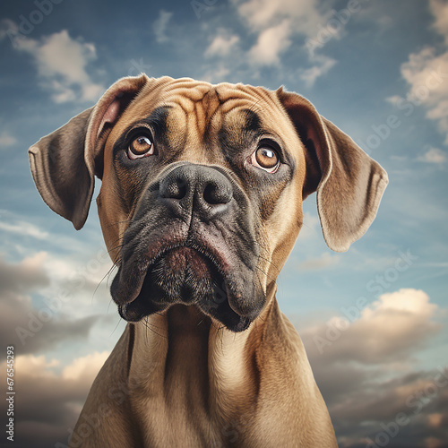 ai generated illustration of bull mastiff dog closeup portrait on cloudy sky