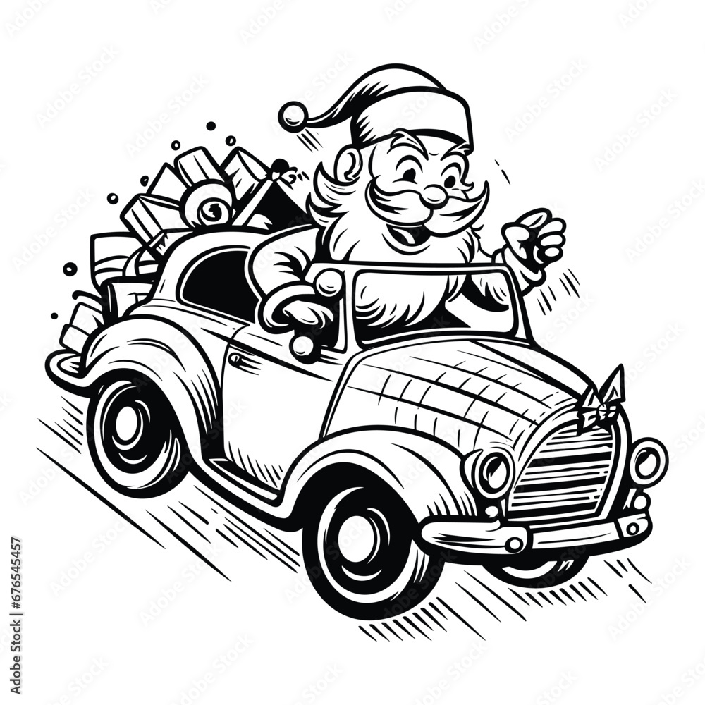 Santa is riding a car and is holding presents,  children's book illustrations coloring page for kids