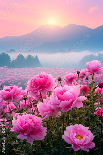 A field of pink peony flowers with foggy mountains on the background. Generative AI © Oleksandr