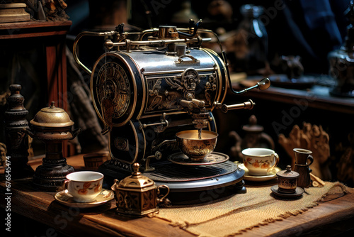 old gourmet coffee machine, steampunk style, generative ai