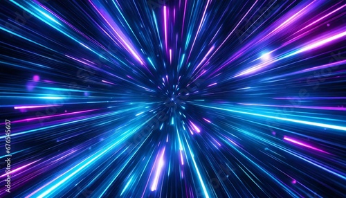 Abstract background in blue and purple neon glow colors on black. Speed of light in galaxy background
