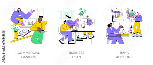 Bank services for business isolated cartoon vector illustrations set. Commercial banking, business loan, bank auctions, money investment, property for sale, loan and credit services vector cartoon.