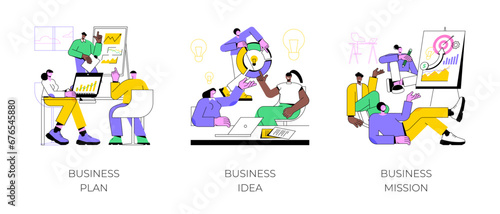 Business development isolated cartoon vector illustrations set. Diverse people discussing business plan, brainstorm startup idea, create company vision, entrepreneur develop mission vector cartoon.