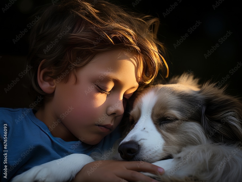 Baby boy hugs dog with her eyes closed in the warm rays of the sun, AI