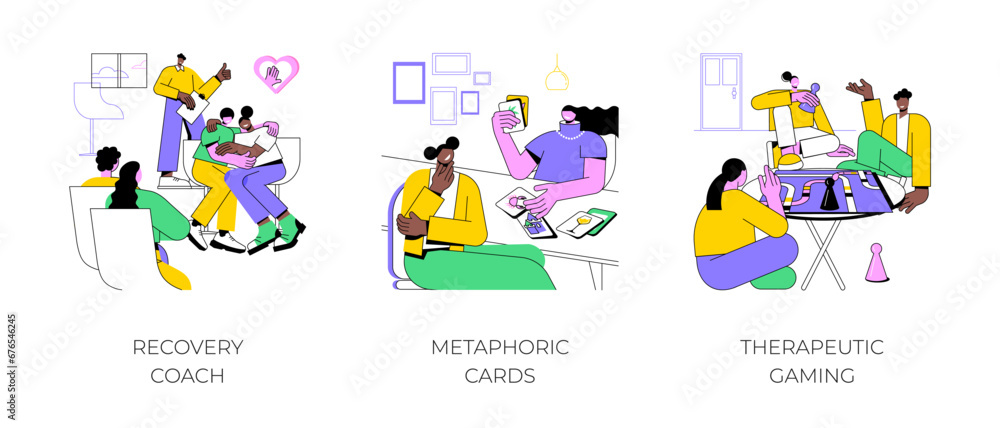 Mental health coach isolated cartoon vector illustrations set. Group of addicted diverse people at recovery session, mental health coach, metaphoric card therapy, therapeutic gaming vector cartoon.