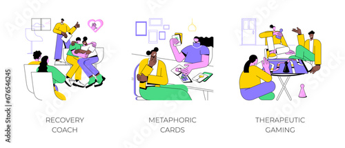 Mental health coach isolated cartoon vector illustrations set. Group of addicted diverse people at recovery session, mental health coach, metaphoric card therapy, therapeutic gaming vector cartoon.